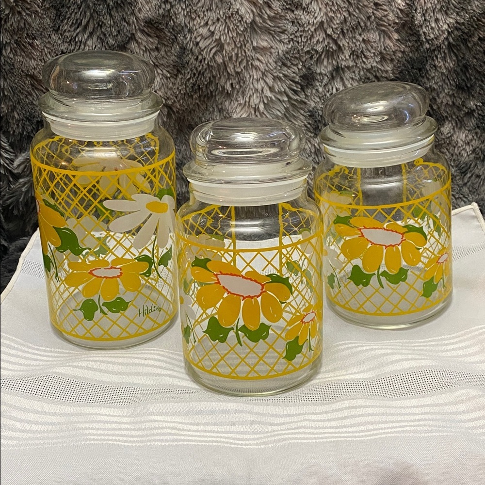 Vintage Graphic Daisies Glass Canister /Apothecary 3 Jar Set